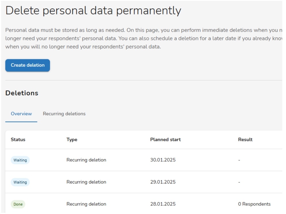 Billede fra SurveyXact systemet, der viser overblik over slettet persondata