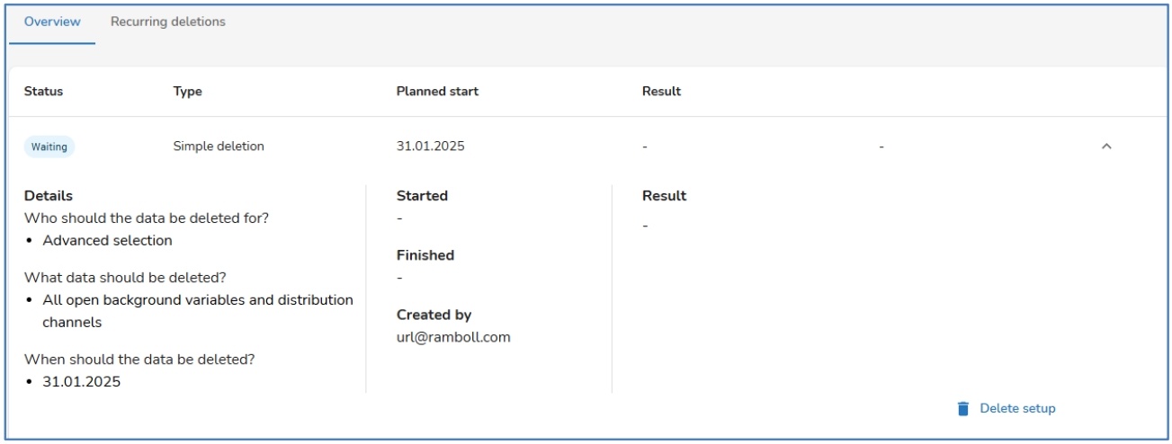 Billede fra SurveyXact systemet, der viser, hvor sletning af persondata er i processen
