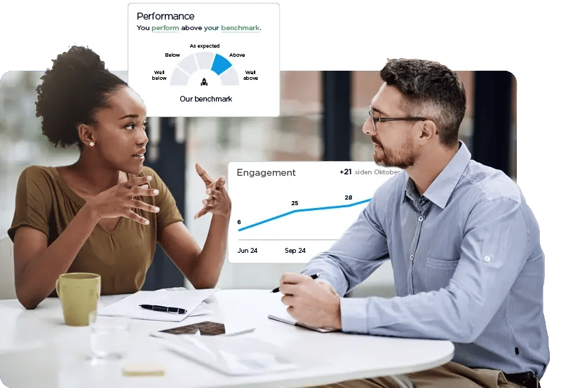 medarbejdere snakker om offboarding, grafik i baggrunden